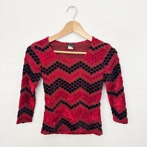 Vintage 90s Y2K She’s USA Red and Black Velvet Polka Dot Textured Top